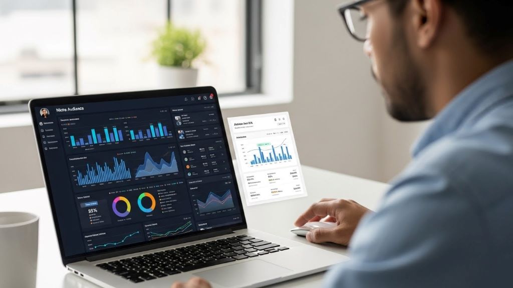 Digital marketer analyzing niche audience data on laptop screen with colorful graphs and social media analytics dashboard