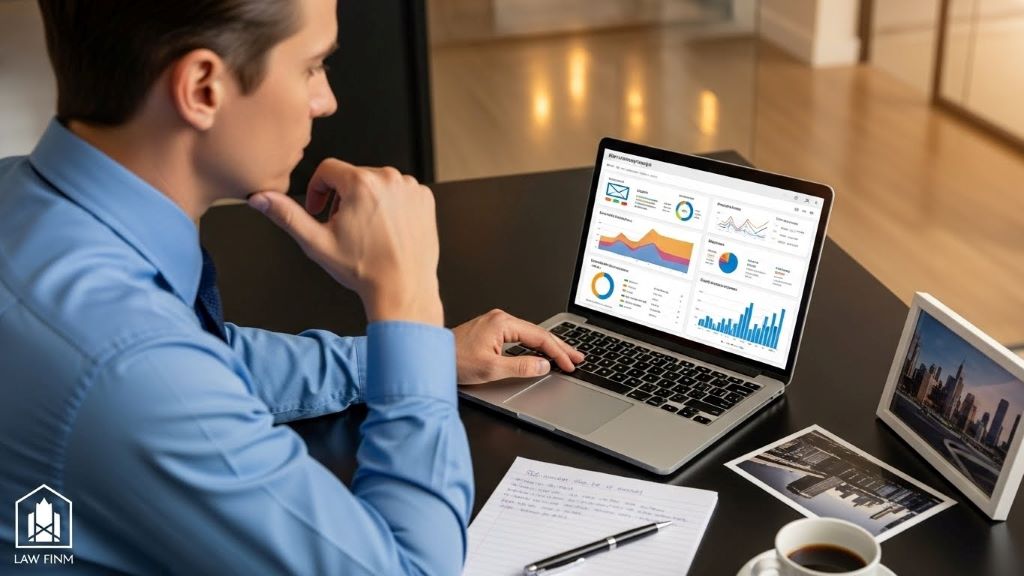 Lawyer reviewing email marketing analytics on laptop to improve client engagement