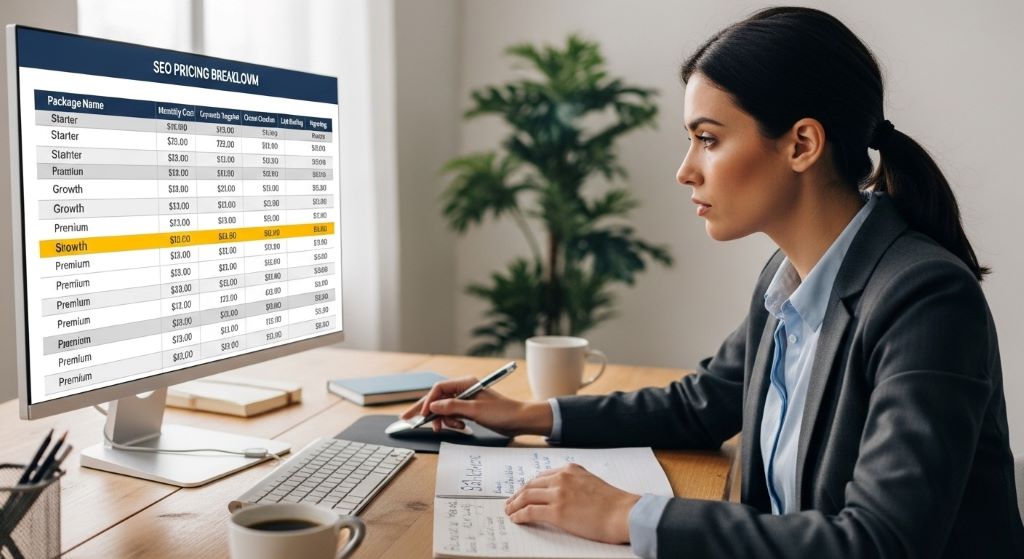 Small business owner reviewing SEO package pricing breakdown chart comparing monthly costs and services included
