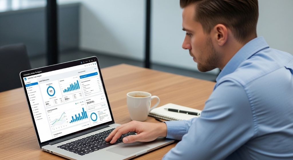 B2B marketer reviewing a LinkedIn lead generation dashboard on a laptop at a desk