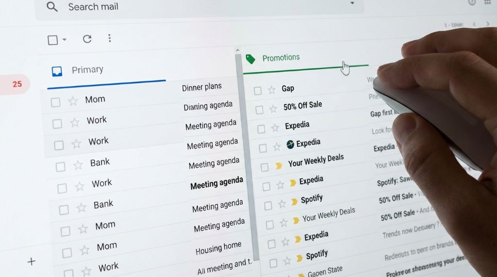 Gmail inbox showing primary and promotions tab comparison