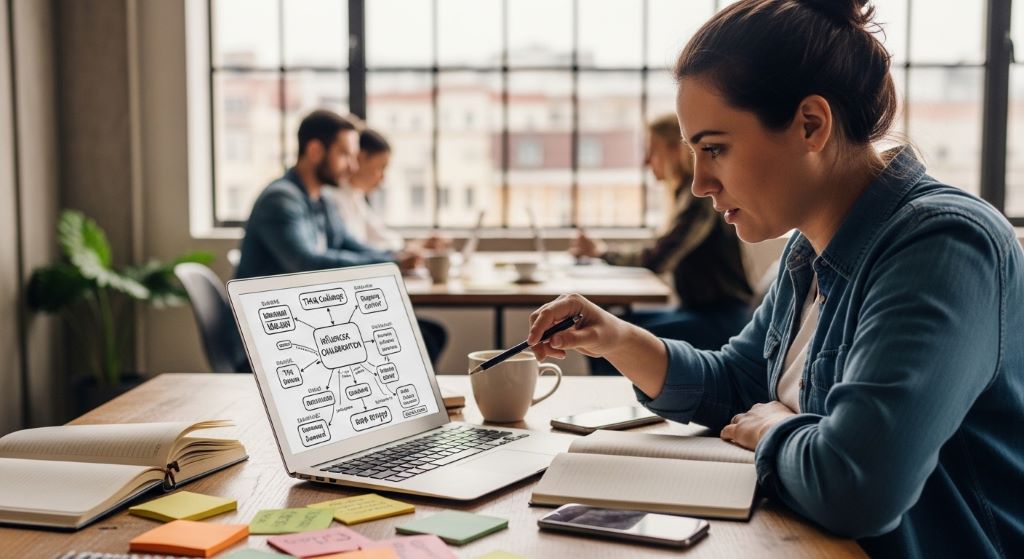 Small business owner planning a viral digital marketing campaign on a laptop