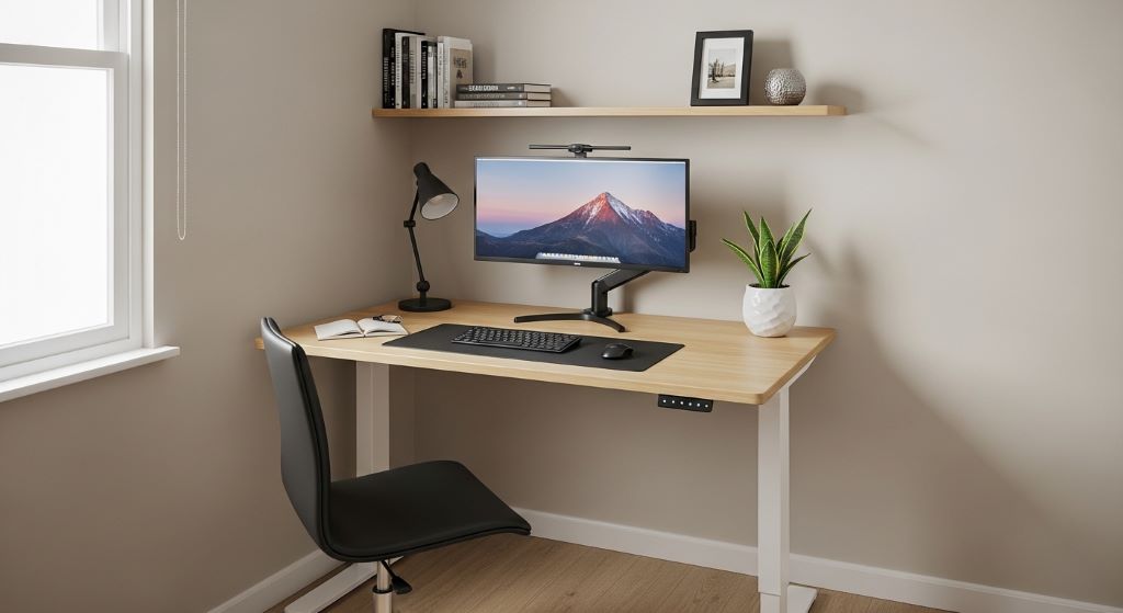 small standing desk setup in a compact home office