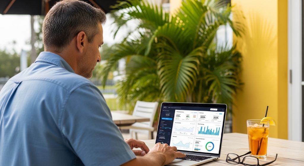 A Florida business owner reviewing PPC campaign performance on a laptop dashboard