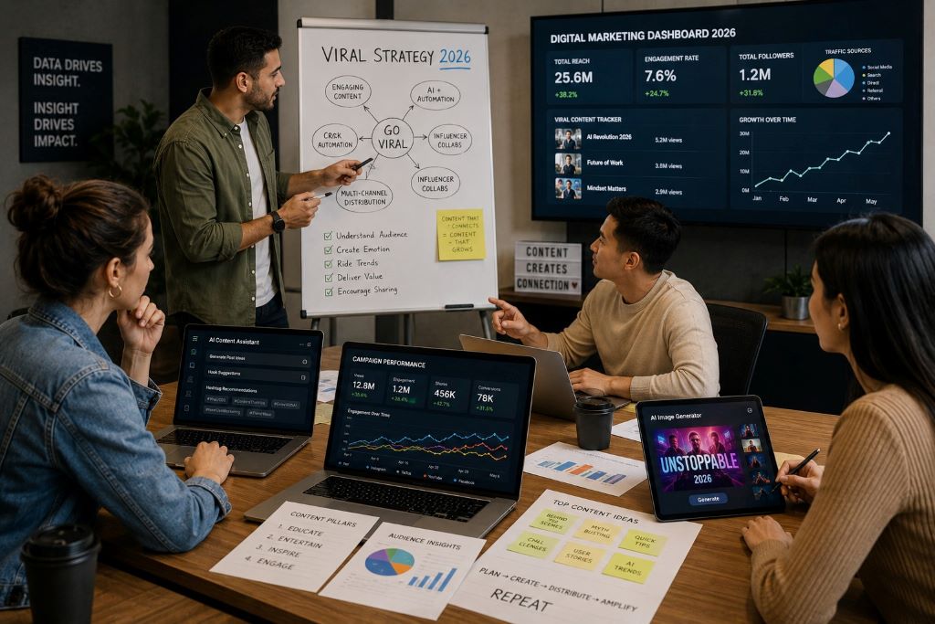 Digital marketing team planning a viral strategy with charts and AI tools in 2026