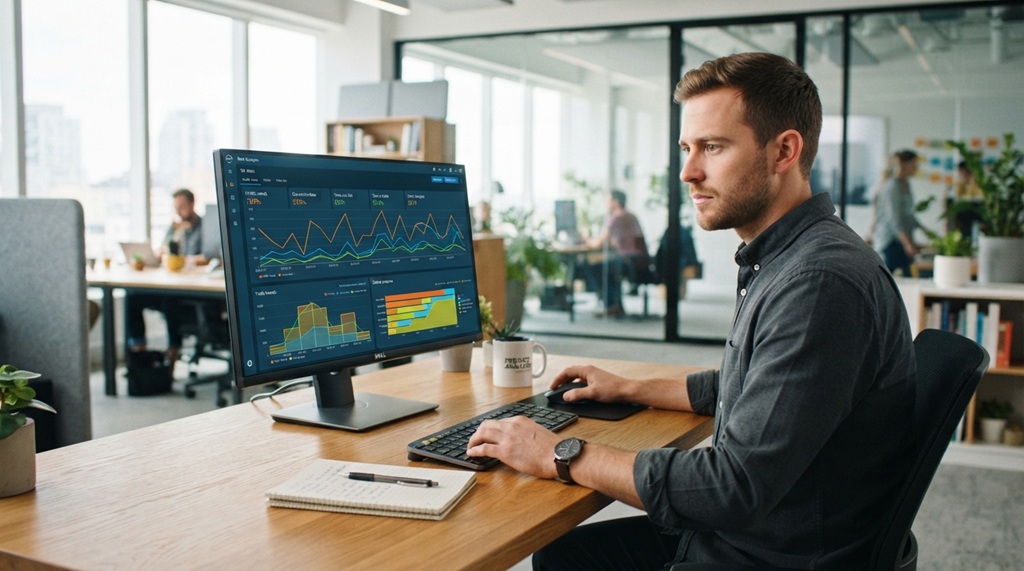 A male analyst reviewing user behavior metrics and engagement charts on a monitor.