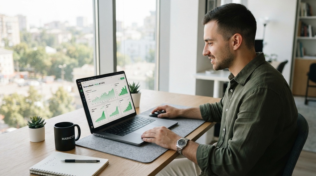Man using a smartphone with an analytics dashboard in modern workspace.