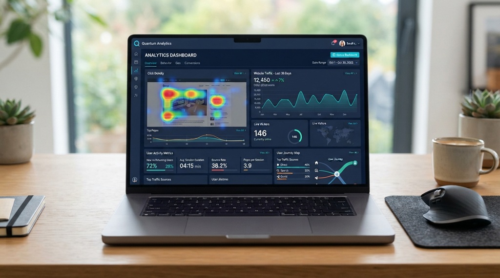 Digital analytics dashboard showing website traffic graphs and user behavior heatmaps.