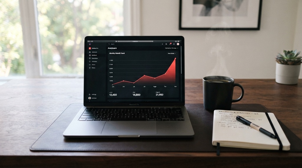 Laptop displaying an analytics chart showing website bounce rate metrics on a desk.