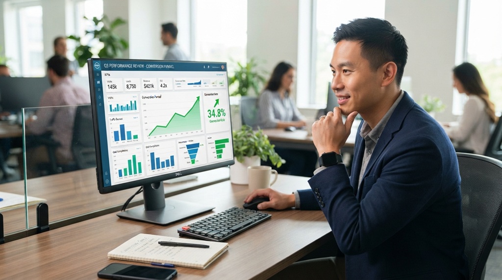 A male marketer analyzing conversion rate optimization metrics on a desktop monitor.
