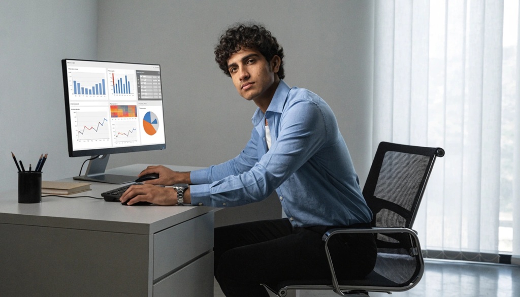 Male marketer analyzing influencer marketing ROI performance metrics on a computer monitor.