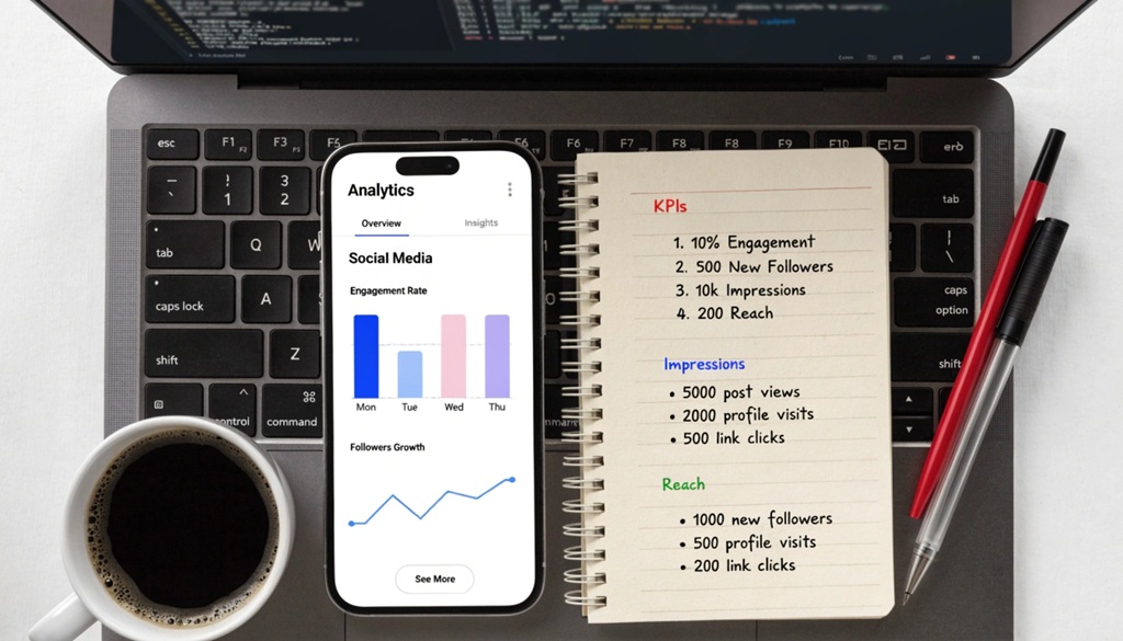 Smartphone showing social media analytics next to written key performance metrics.
