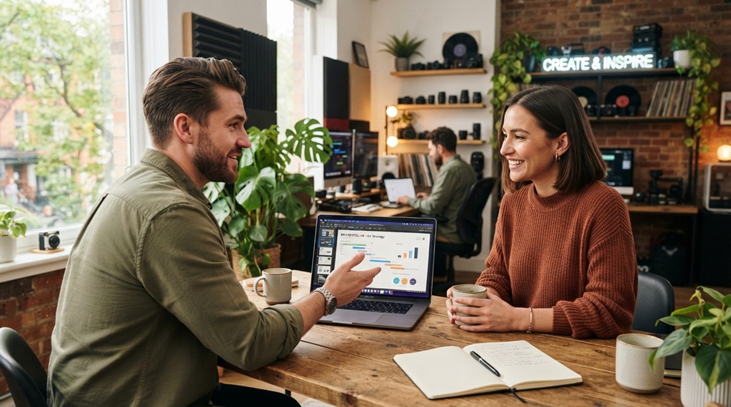 A male influencer reviewing a brand agreement on a laptop.