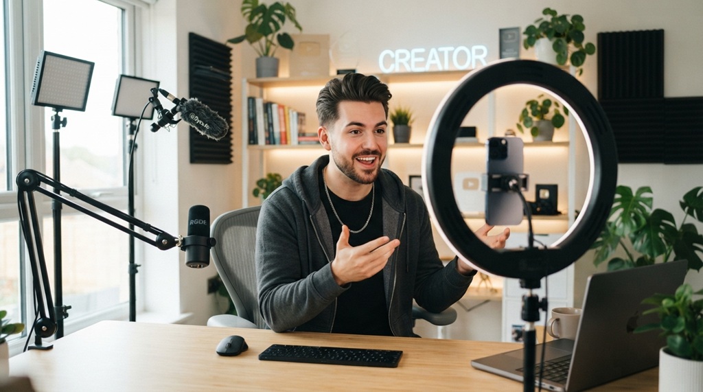 A man talking to a smartphone mounted on a ring light in a living room.