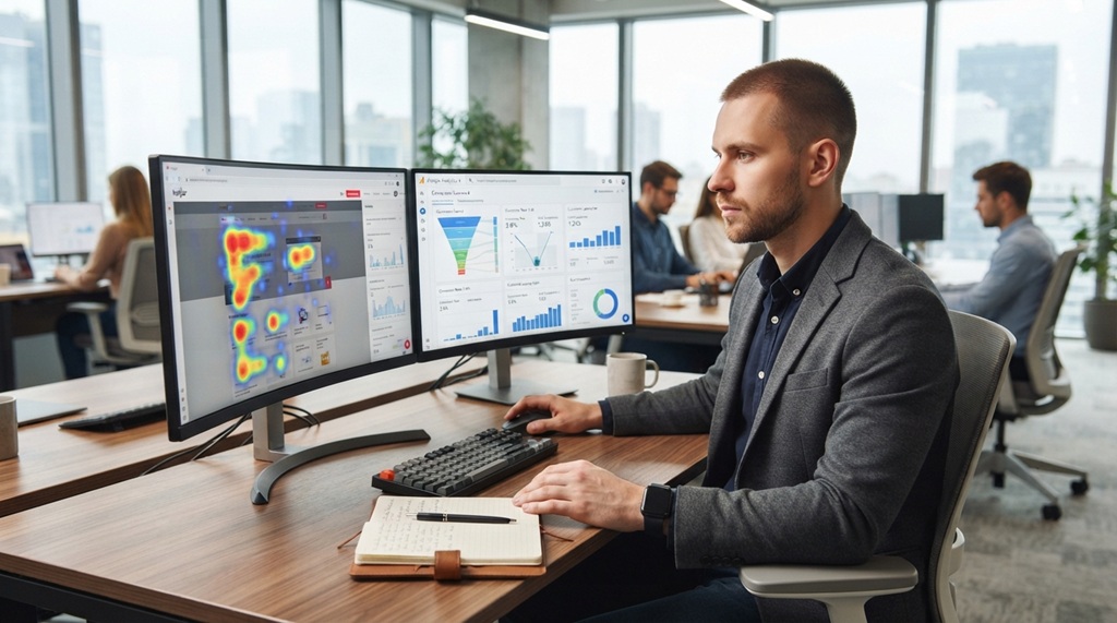 A man analyzing website analytics data on a desktop monitor in an office.