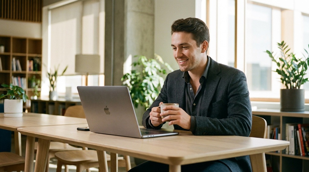 A man working on a laptop with a cup of coffee at a desk.