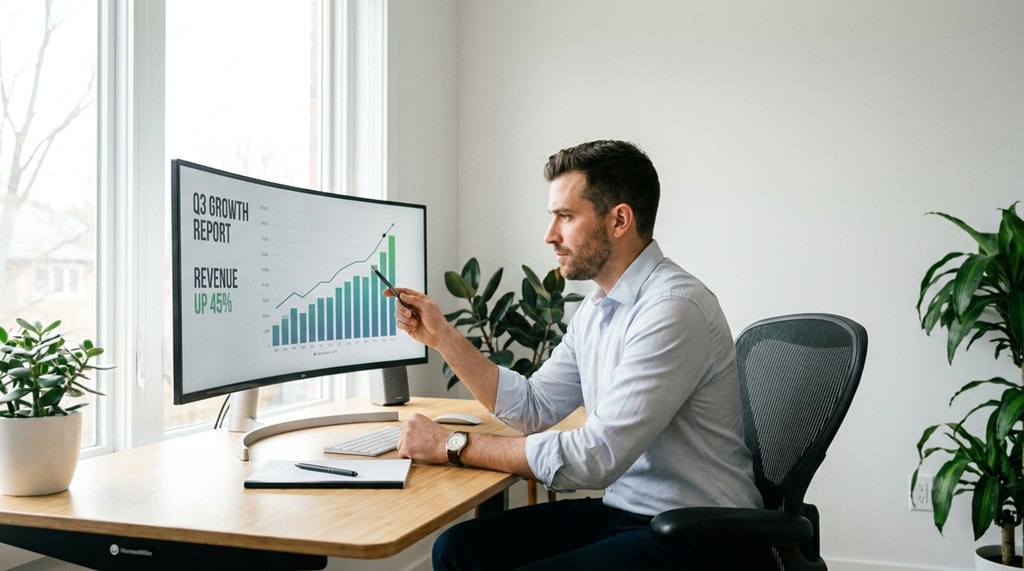 A man reviewing a rising financial chart on a computer monitor.