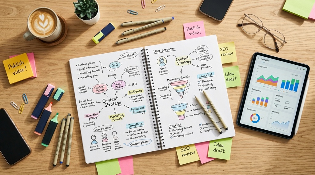 Notebook with content strategy diagrams surrounded by sticky notes and pen.