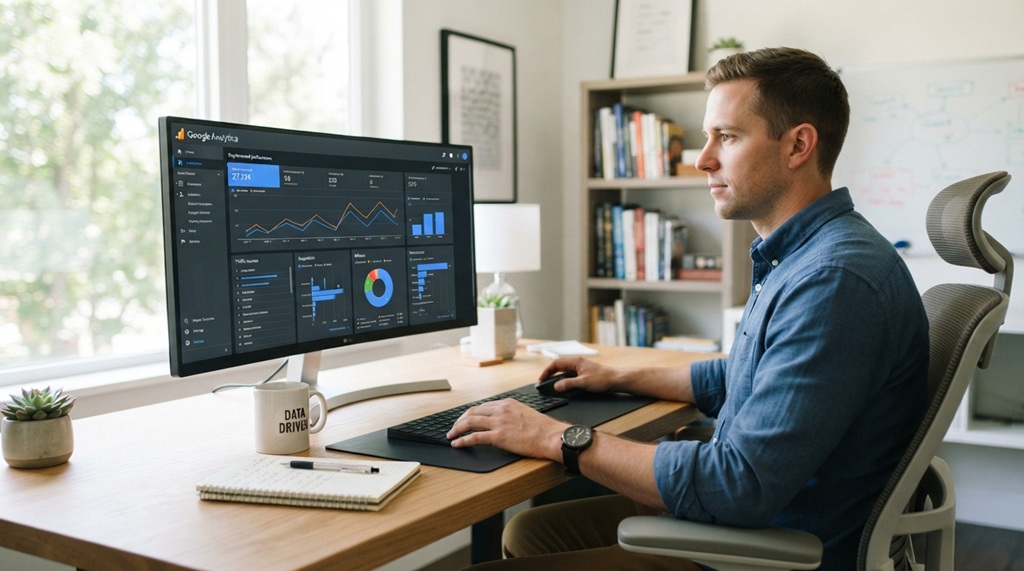 A male analyst examining website speed data on a desktop performance report.