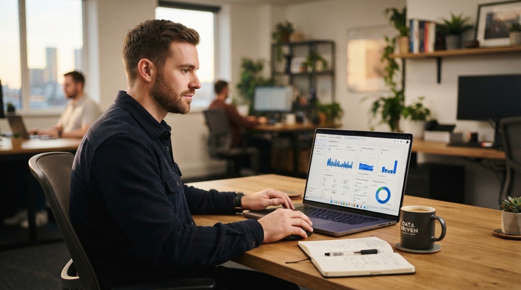 A male analyst checking a Google Analytics dashboard on a laptop screen at a desk.