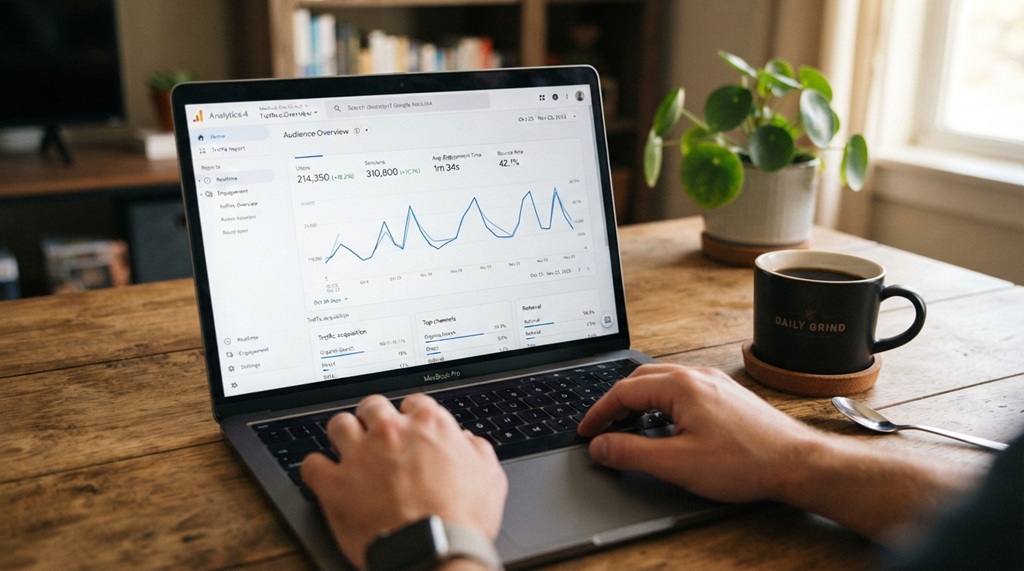 A laptop displaying a Google Analytics traffic acquisition report next to a coffee cup.
