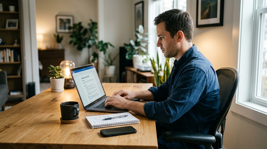 Male writer typing on laptop next to notebook and cup of coffee.