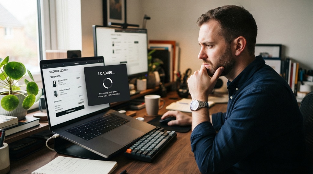 A male user looking at a laptop screen showing a slow loading online checkout.